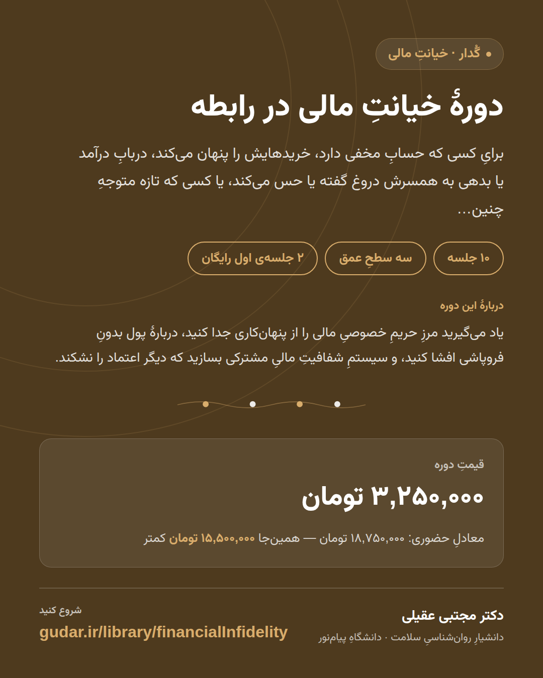 کارتِ معرفیِ دوره‌ی دورهٔ خیانتِ مالی در رابطه — 10 جلسه