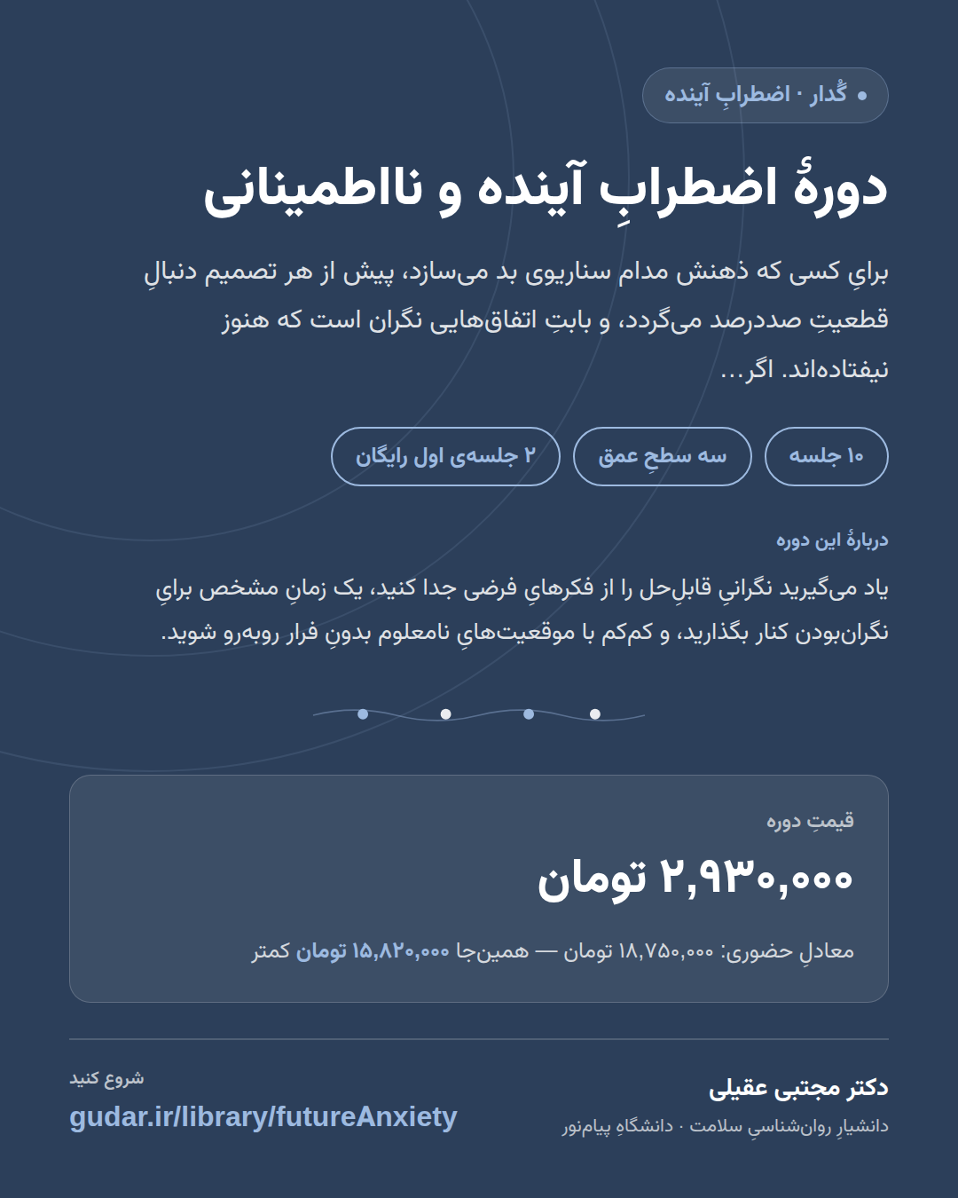 کارتِ معرفیِ دورهی دورهٔ اضطرابِ آینده و نااطمینانی — 10 جلسه