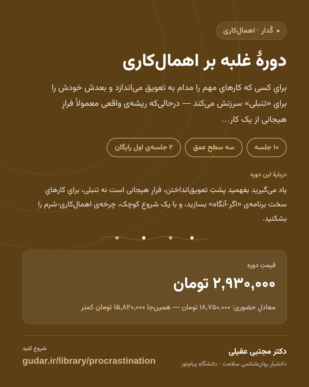 کارتِ معرفیِ دوره‌ی دورهٔ غلبه بر اهمال‌کاری — 10 جلسه