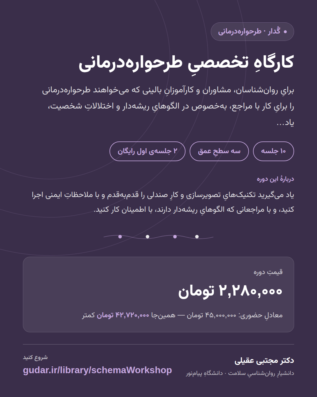 کارتِ معرفیِ دوره‌ی کارگاهِ تخصصیِ طرحواره‌درمانی — 10 جلسه