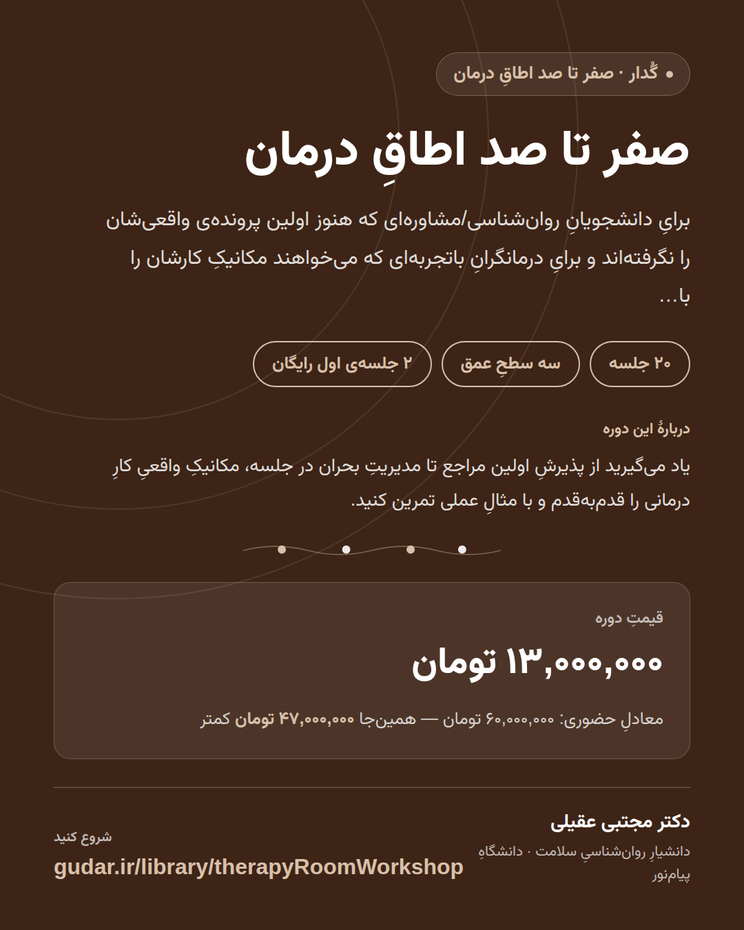 کارتِ معرفیِ دوره‌ی صفر تا صد اطاقِ درمان — 20 جلسه